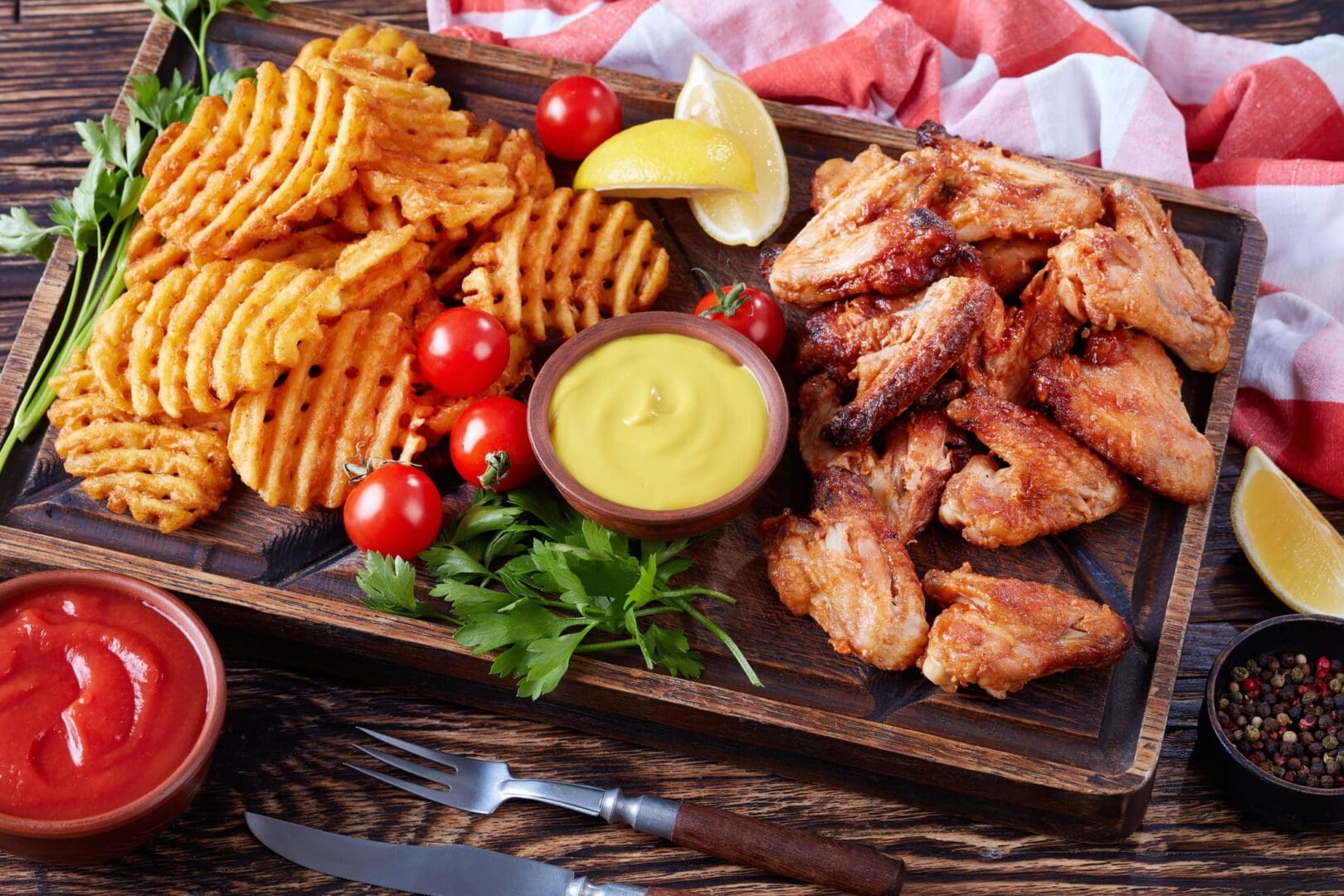 Crispy chicken wings with sauces and fries