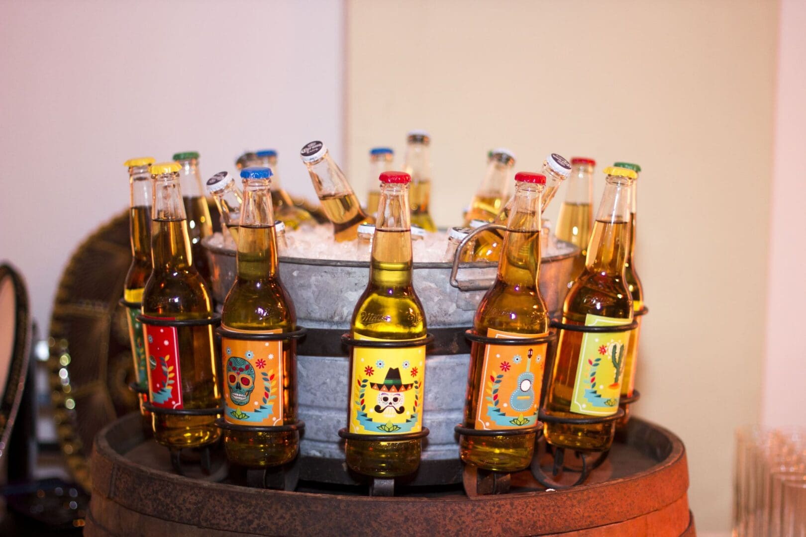 Colorful beer bottles on display